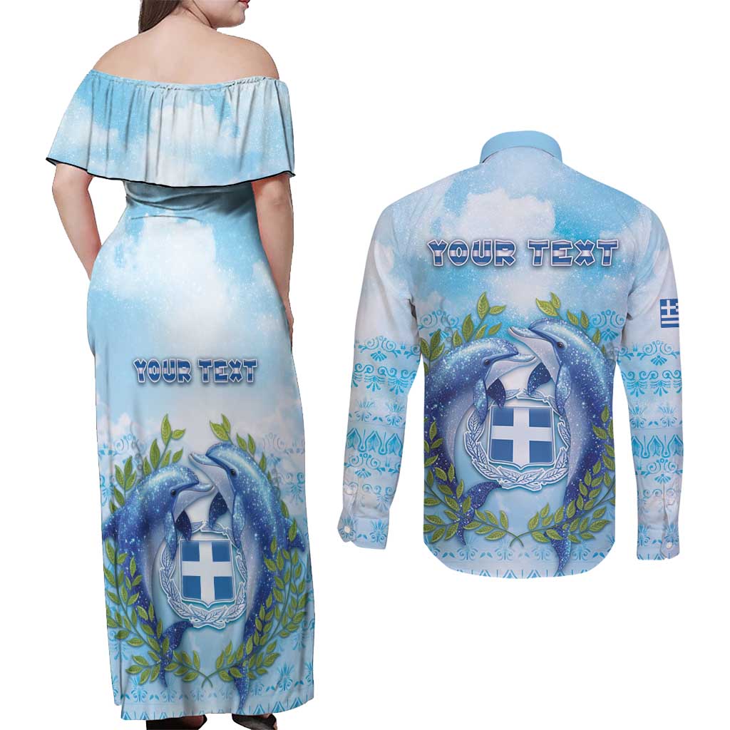 Personalized Greece Couples Matching Off Shoulder Maxi Dress and Long Sleeve Button Shirt Dolphins And Symbol - Wonder Print Shop
