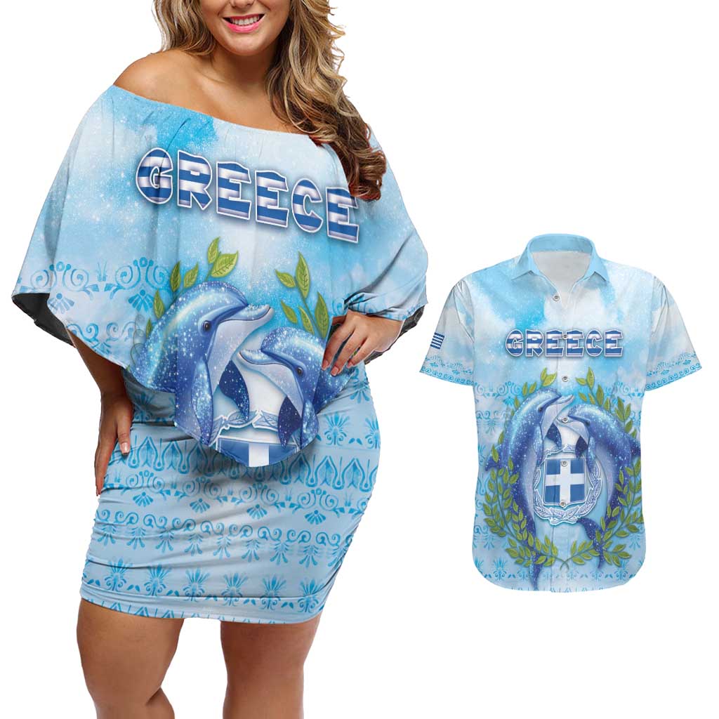 Personalized Greece Couples Matching Off Shoulder Short Dress and Hawaiian Shirt Dolphins And Symbol - Wonder Print Shop