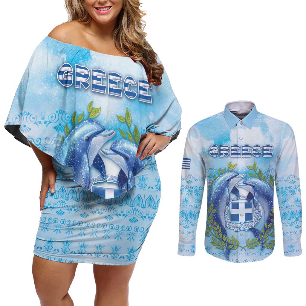 Personalized Greece Couples Matching Off Shoulder Short Dress and Long Sleeve Button Shirt Dolphins And Symbol - Wonder Print Shop