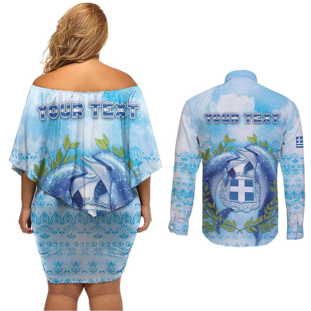 Personalized Greece Couples Matching Off Shoulder Short Dress and Long Sleeve Button Shirt Dolphins And Symbol - Wonder Print Shop