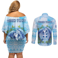 Personalized Greece Couples Matching Off Shoulder Short Dress and Long Sleeve Button Shirt Dolphins And Symbol - Wonder Print Shop