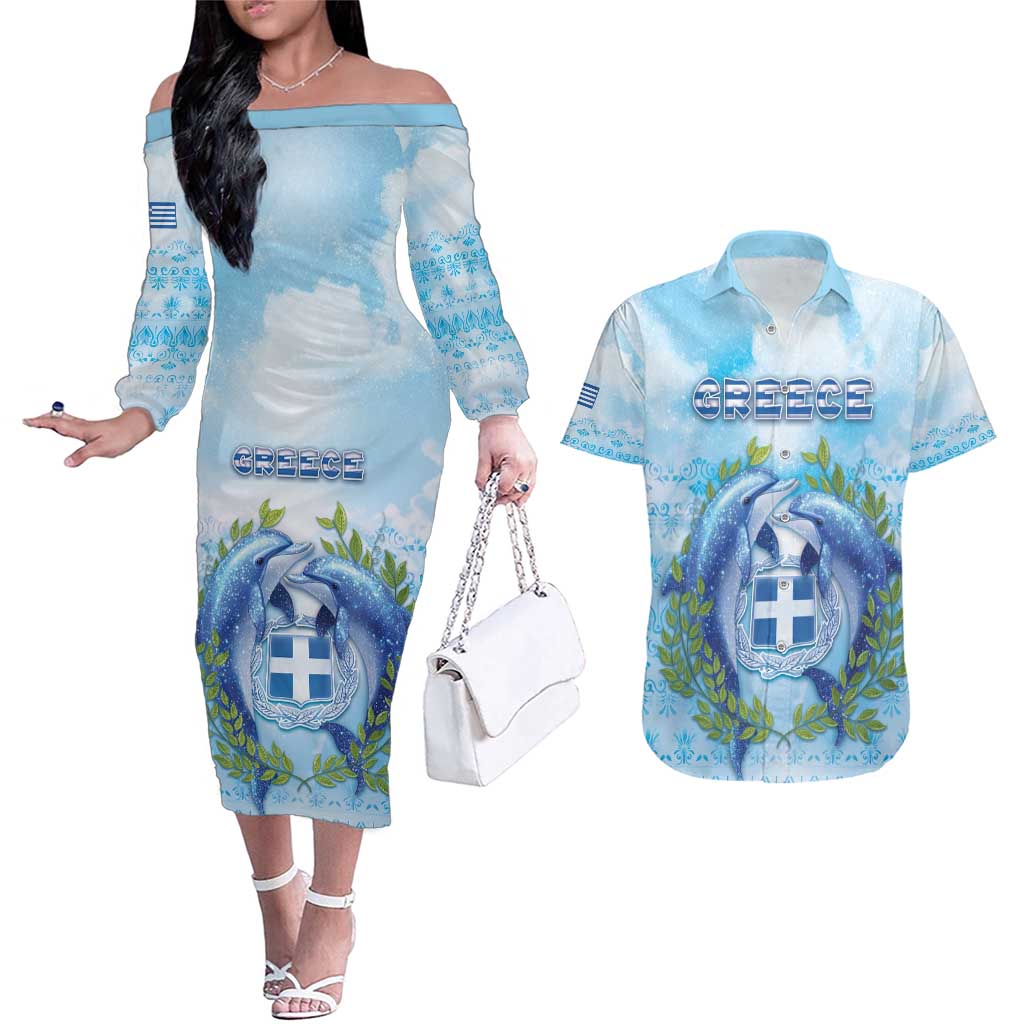 Personalized Greece Couples Matching Off The Shoulder Long Sleeve Dress and Hawaiian Shirt Dolphins And Symbol - Wonder Print Shop