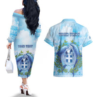 Personalized Greece Couples Matching Off The Shoulder Long Sleeve Dress and Hawaiian Shirt Dolphins And Symbol - Wonder Print Shop