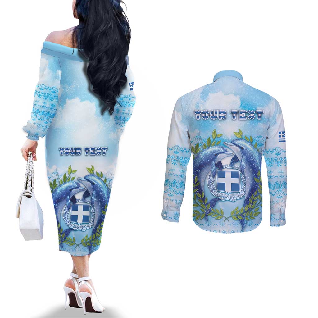 Personalized Greece Couples Matching Off The Shoulder Long Sleeve Dress and Long Sleeve Button Shirt Dolphins And Symbol - Wonder Print Shop