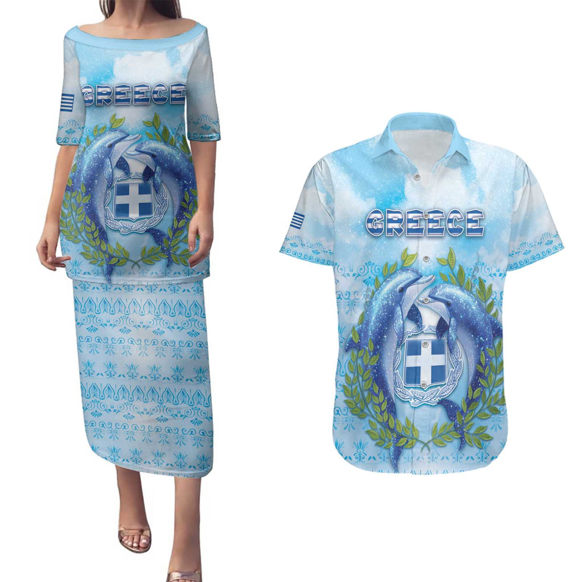 Personalized Greece Couples Matching Puletasi and Hawaiian Shirt Dolphins And Symbol - Wonder Print Shop