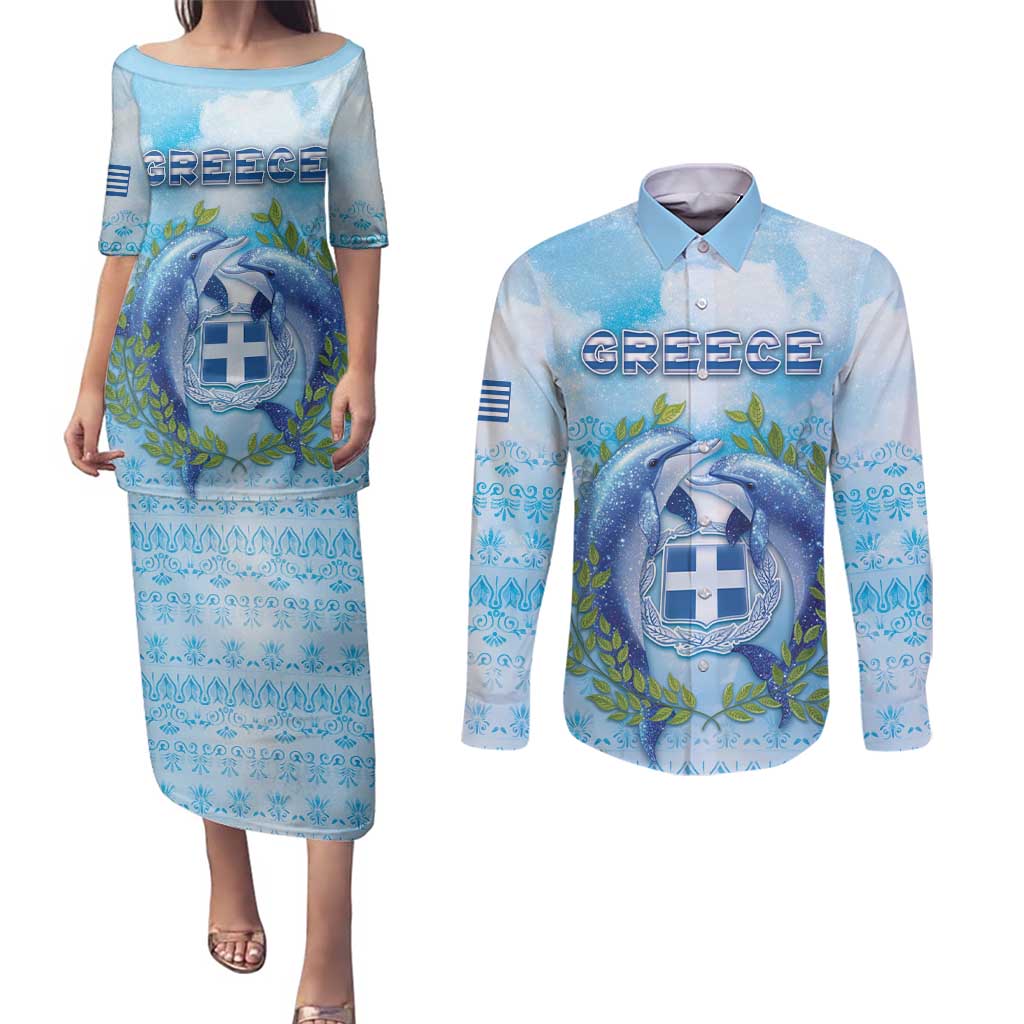 Personalized Greece Couples Matching Puletasi and Long Sleeve Button Shirt Dolphins And Symbol - Wonder Print Shop