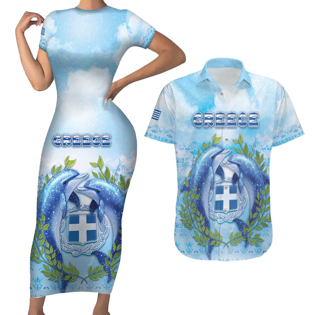Personalized Greece Couples Matching Short Sleeve Bodycon Dress and Hawaiian Shirt Dolphins And Symbol - Wonder Print Shop