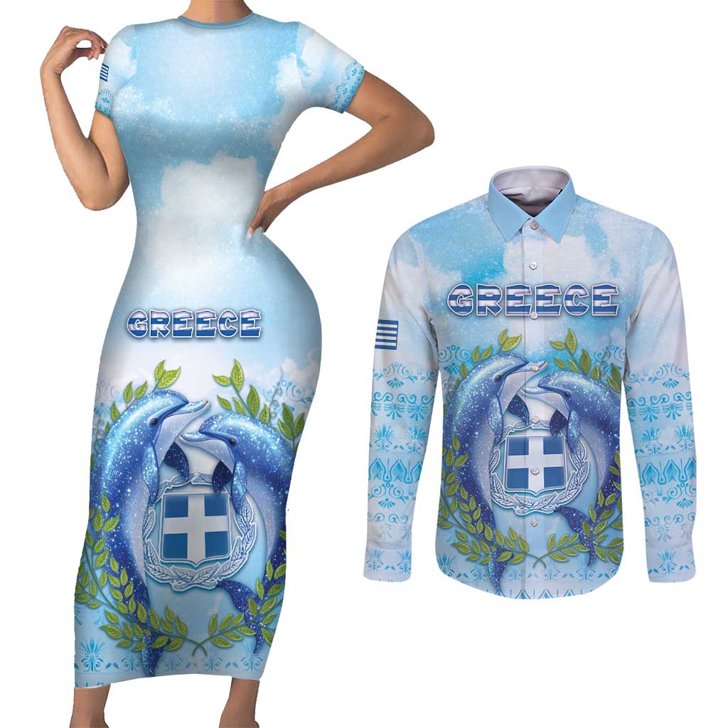 Personalized Greece Couples Matching Short Sleeve Bodycon Dress and Long Sleeve Button Shirt Dolphins And Symbol - Wonder Print Shop