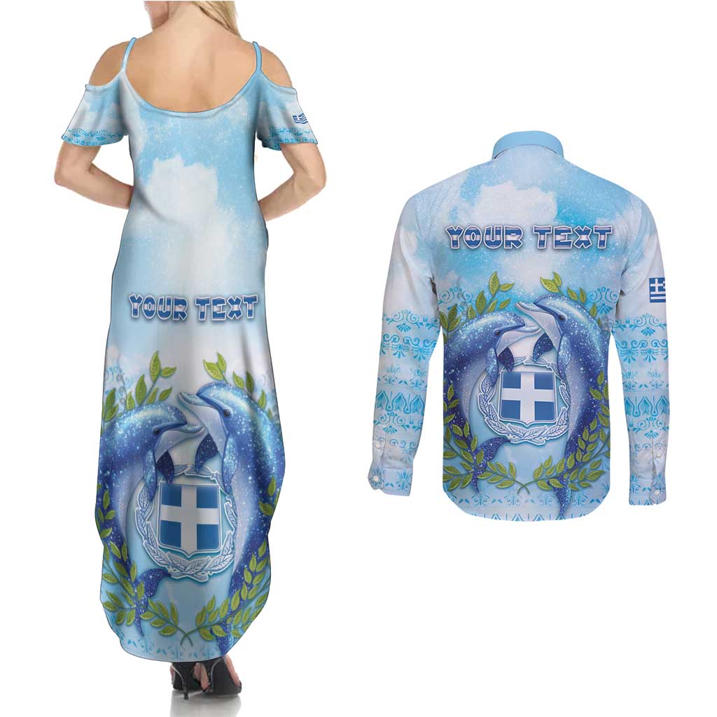 Personalized Greece Couples Matching Summer Maxi Dress and Long Sleeve Button Shirt Dolphins And Symbol - Wonder Print Shop