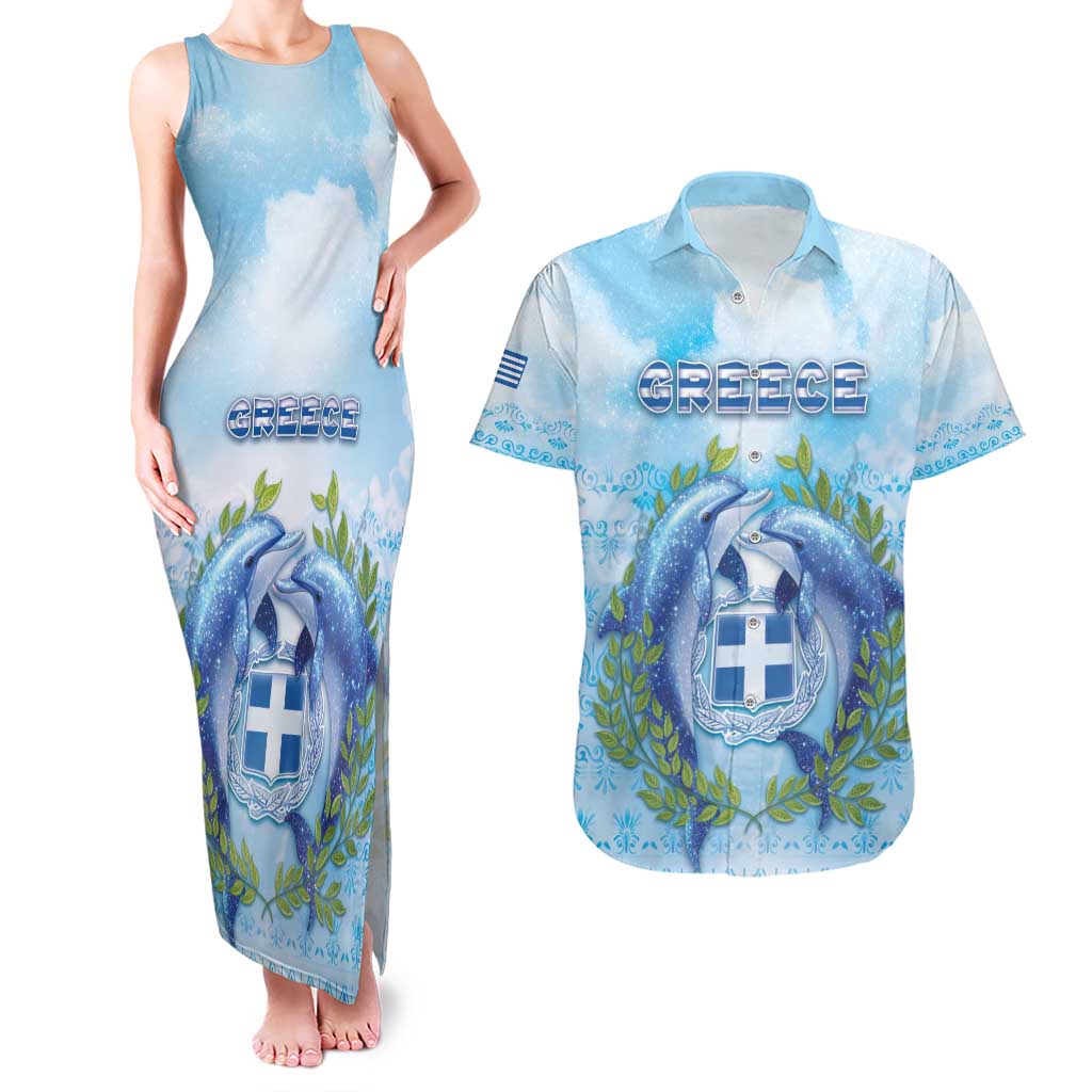 Personalized Greece Couples Matching Tank Maxi Dress and Hawaiian Shirt Dolphins And Symbol - Wonder Print Shop