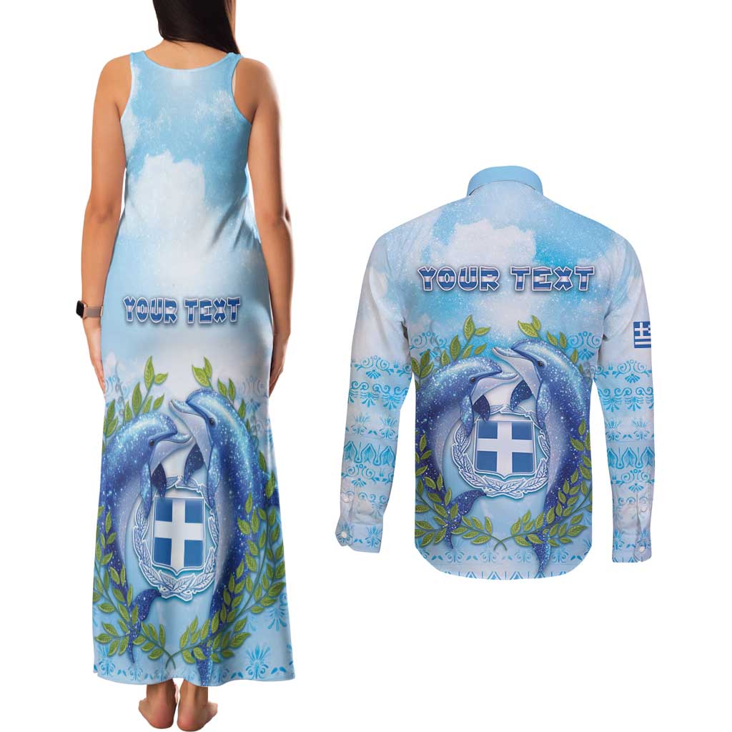 Personalized Greece Couples Matching Tank Maxi Dress and Long Sleeve Button Shirt Dolphins And Symbol - Wonder Print Shop