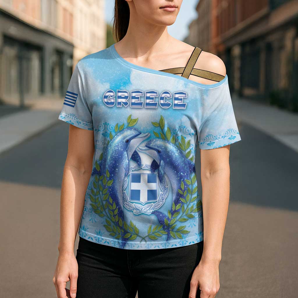 Personalized Greece Cross Shoulder Shirt Dolphins And Symbol - Wonder Print Shop