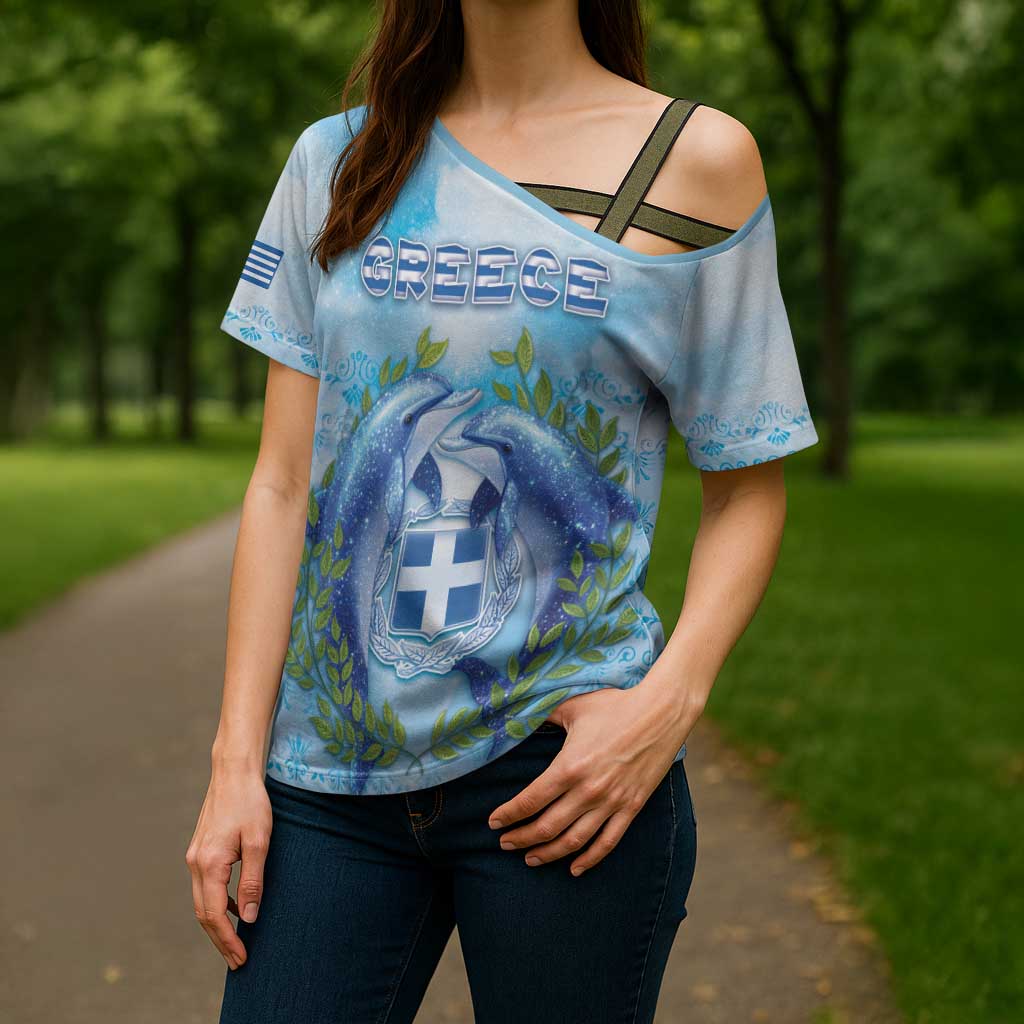Personalized Greece Cross Shoulder Shirt Dolphins And Symbol - Wonder Print Shop