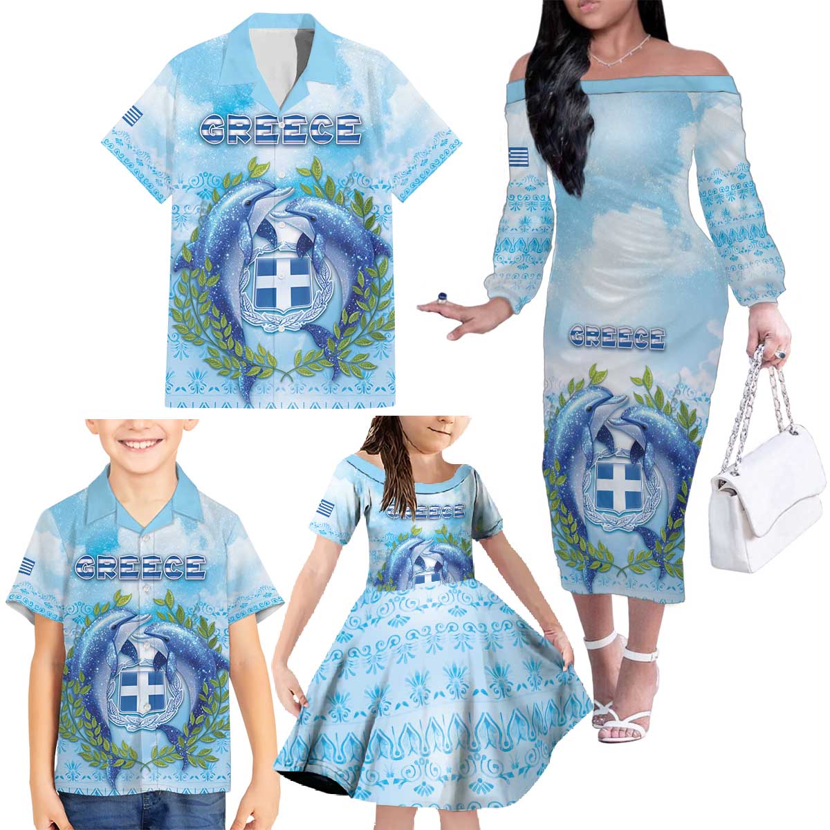 Personalized Greece Family Matching Off The Shoulder Long Sleeve Dress and Hawaiian Shirt Dolphins And Symbol - Wonder Print Shop