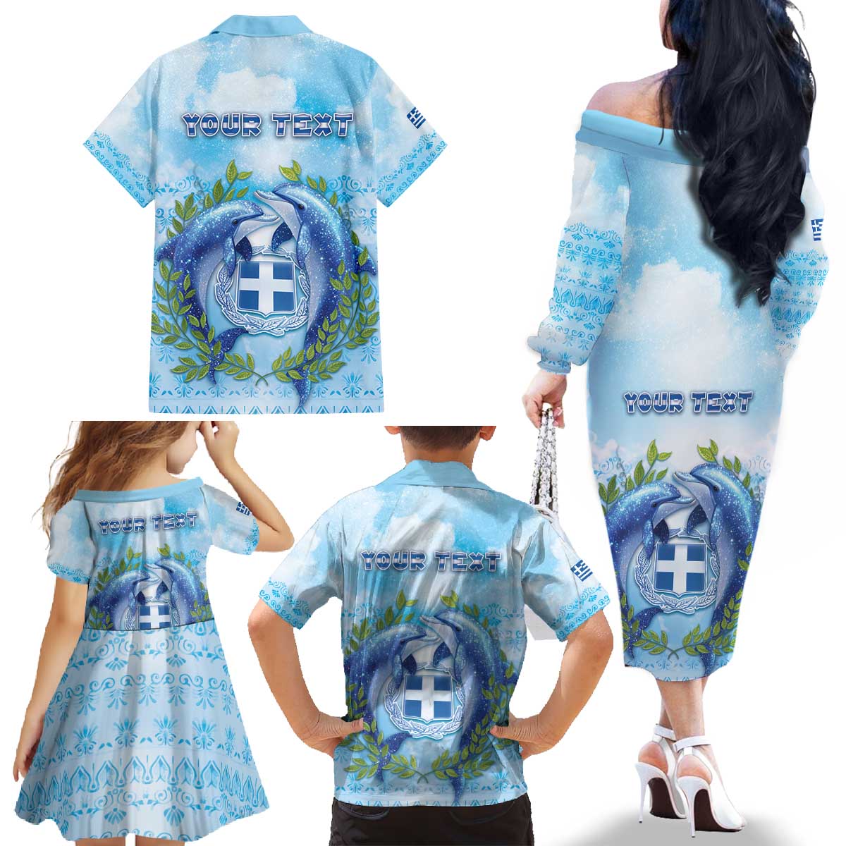 Personalized Greece Family Matching Off The Shoulder Long Sleeve Dress and Hawaiian Shirt Dolphins And Symbol - Wonder Print Shop