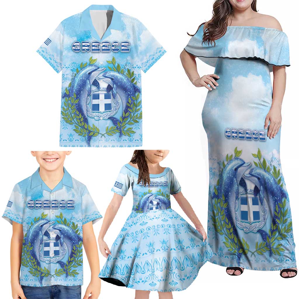 Personalized Greece Family Matching Off Shoulder Maxi Dress and Hawaiian Shirt Dolphins And Symbol - Wonder Print Shop