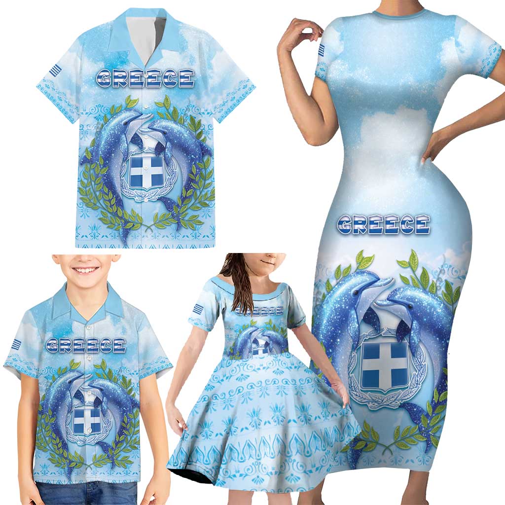 Personalized Greece Family Matching Short Sleeve Bodycon Dress and Hawaiian Shirt Dolphins And Symbol - Wonder Print Shop