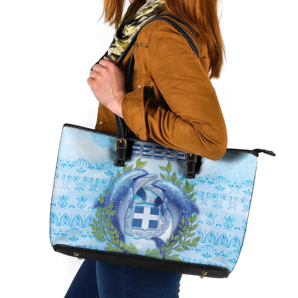 Greece Leather Tote Bag Dolphins And Symbol - Wonder Print Shop