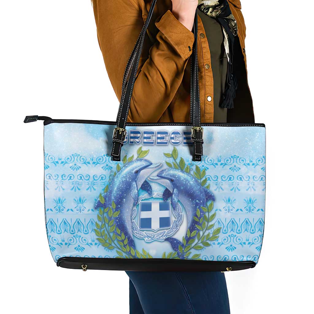 Greece Leather Tote Bag Dolphins And Symbol - Wonder Print Shop