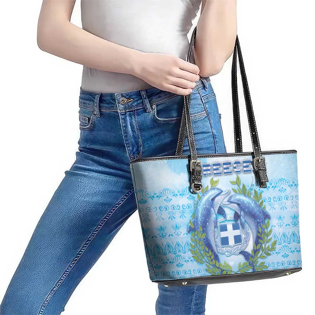 Greece Leather Tote Bag Dolphins And Symbol - Wonder Print Shop