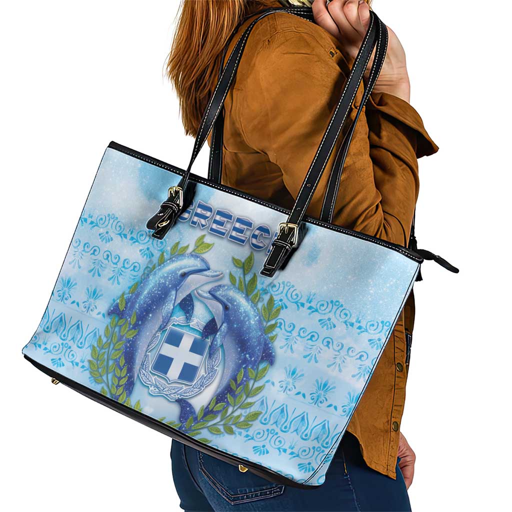 Greece Leather Tote Bag Dolphins And Symbol - Wonder Print Shop