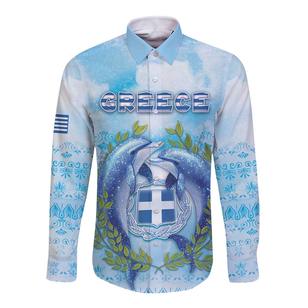 Personalized Greece Long Sleeve Button Shirt Dolphins And Symbol - Wonder Print Shop