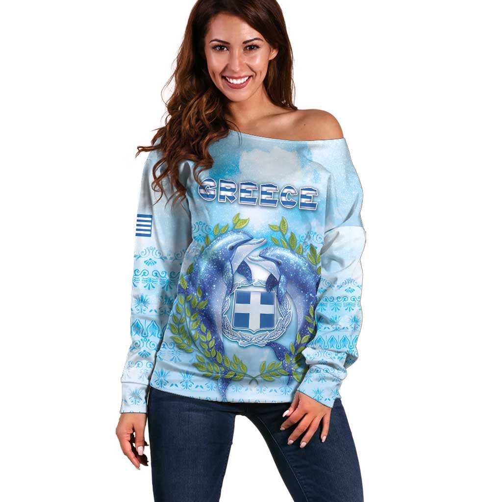 Personalized Greece Off Shoulder Sweater Dolphins And Symbol - Wonder Print Shop