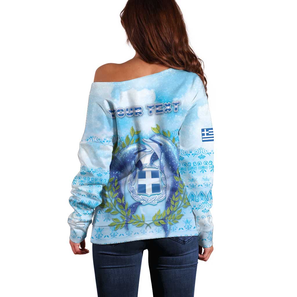 Personalized Greece Off Shoulder Sweater Dolphins And Symbol - Wonder Print Shop