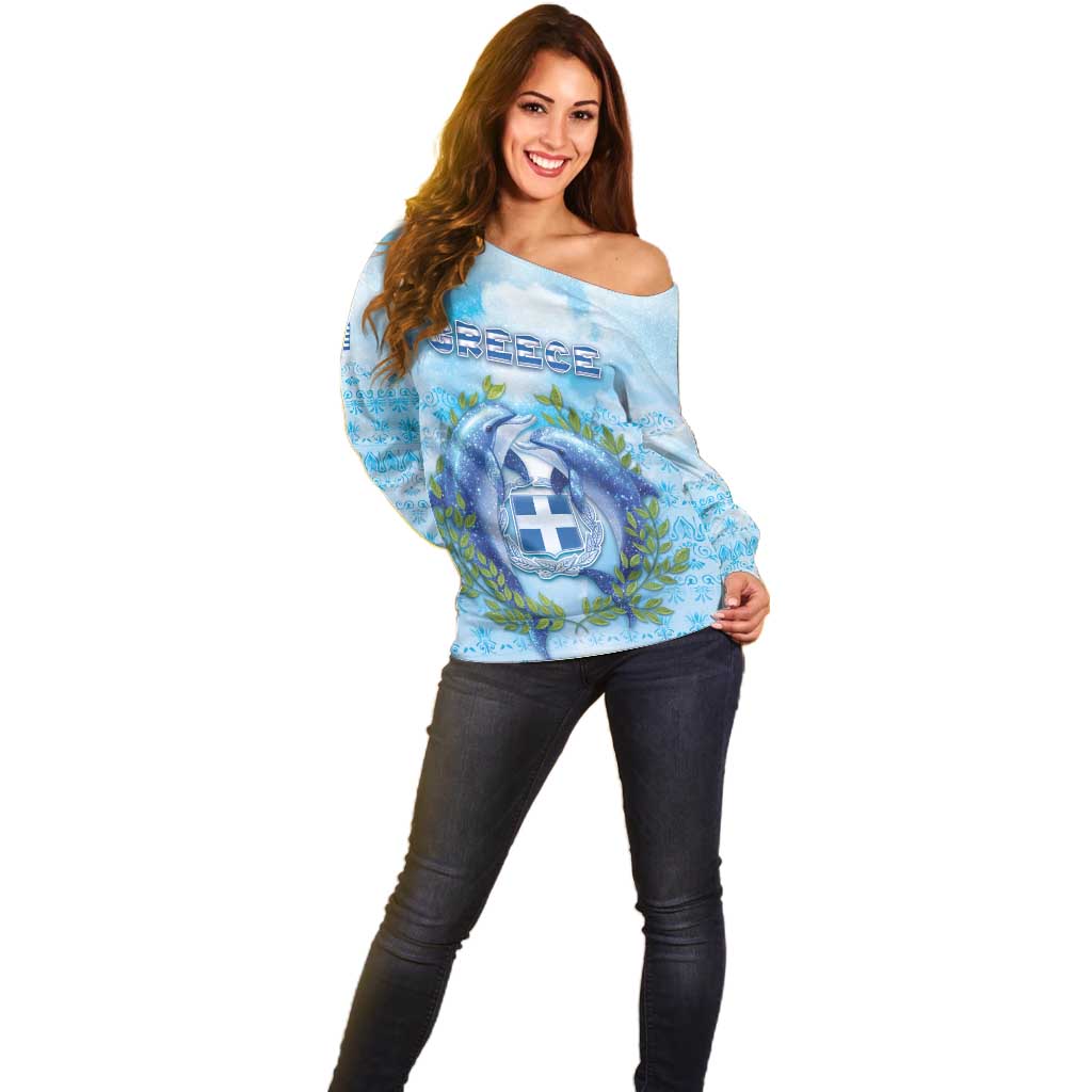 Personalized Greece Off Shoulder Sweater Dolphins And Symbol - Wonder Print Shop