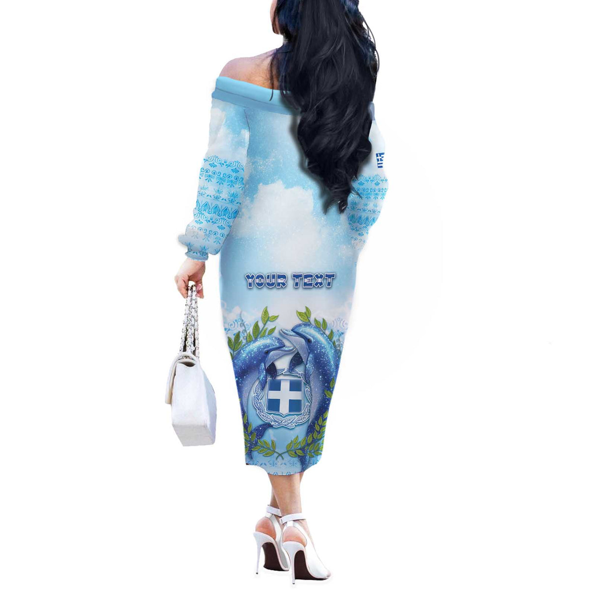 Personalized Greece Off The Shoulder Long Sleeve Dress Dolphins And Symbol - Wonder Print Shop