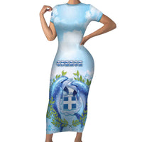 Personalized Greece Short Sleeve Bodycon Dress Dolphins And Symbol - Wonder Print Shop