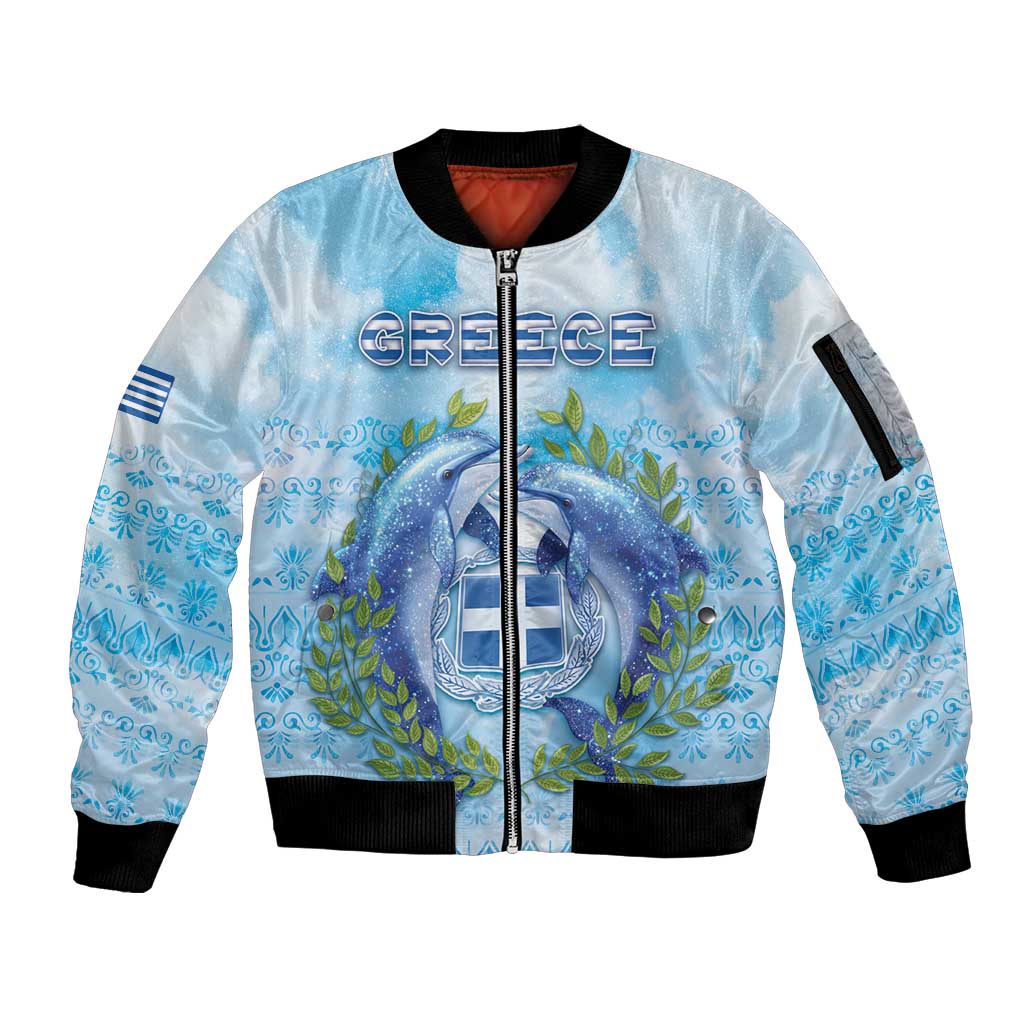 Personalized Greece Sleeve Zip Bomber Jacket Dolphins And Symbol - Wonder Print Shop