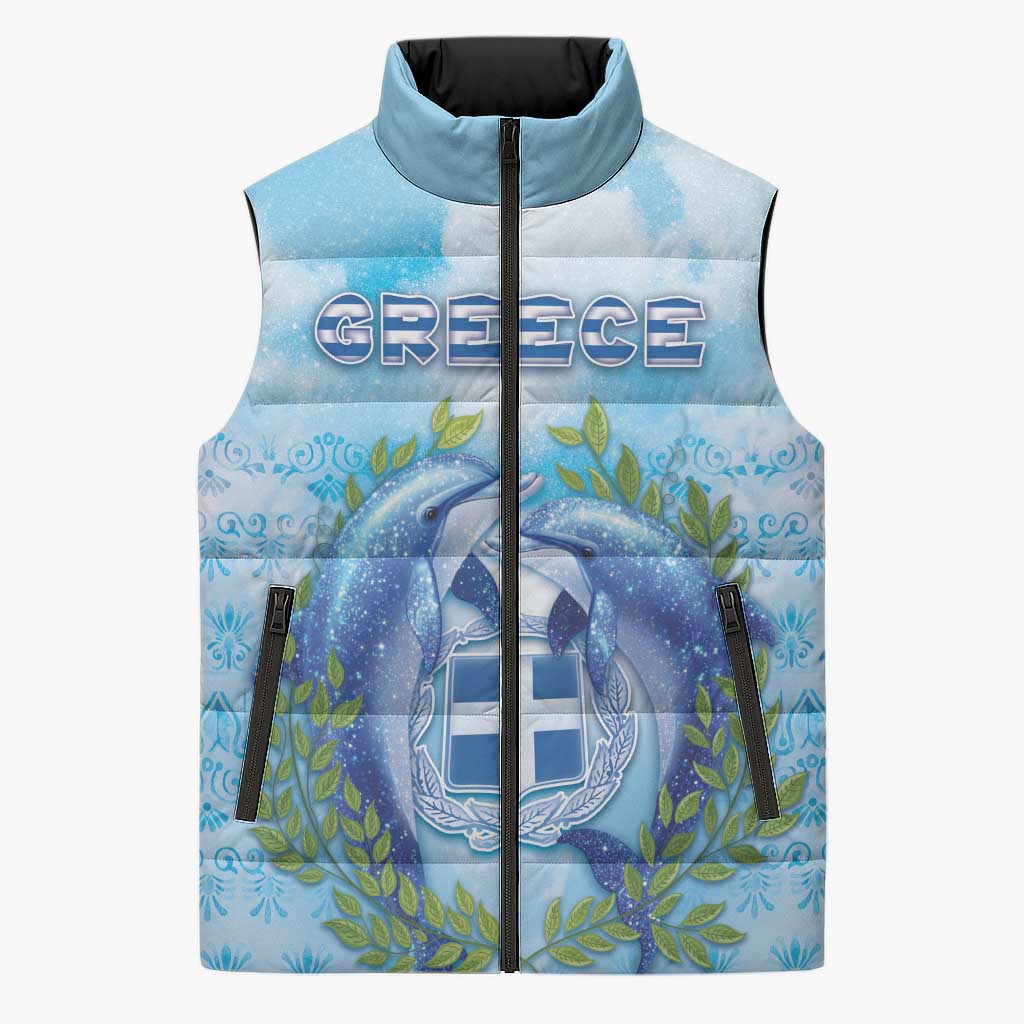 Personalized Greece Sleeveless Puffer Jacket Dolphins And Symbol - Wonder Print Shop