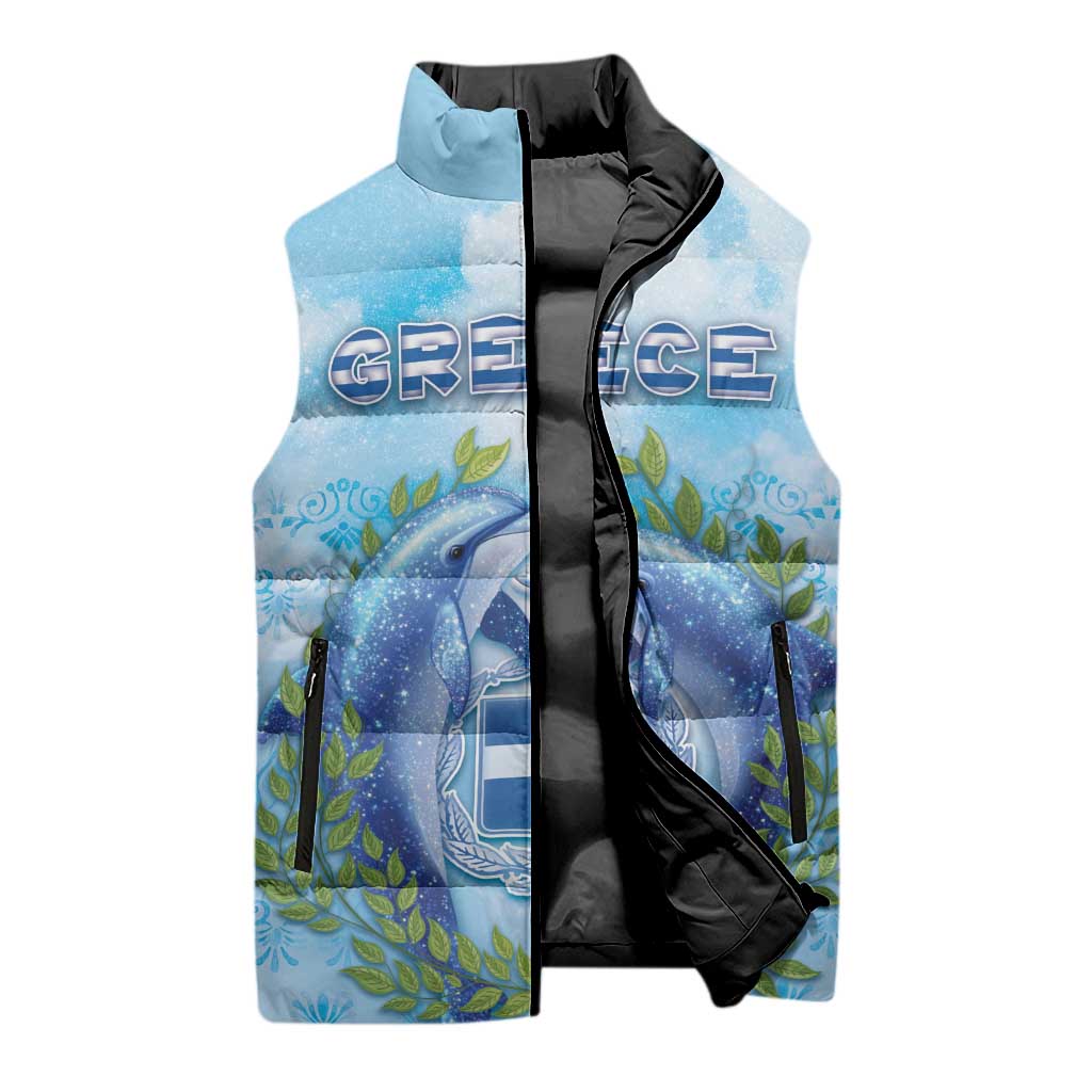 Personalized Greece Sleeveless Puffer Jacket Dolphins And Symbol - Wonder Print Shop