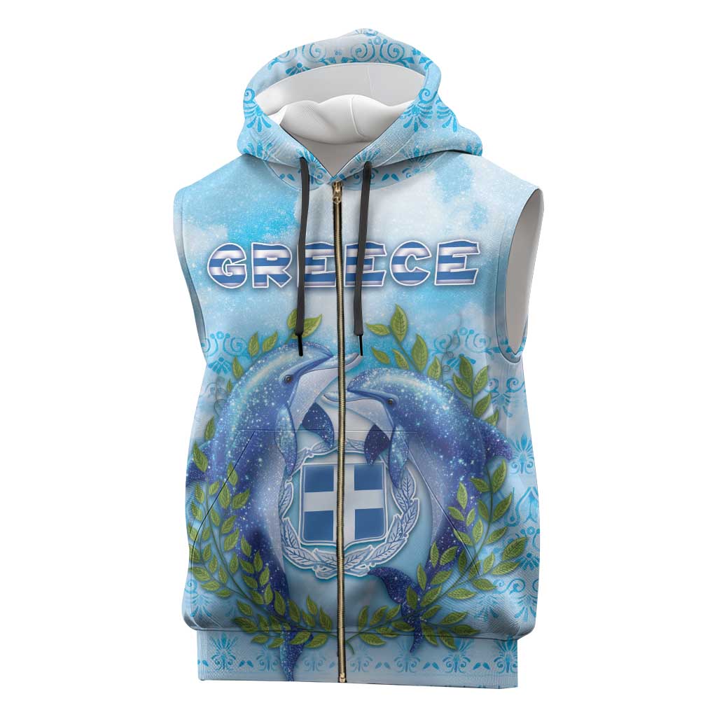 Personalized Greece Sleeveless Zip Hoodie Dolphins And Symbol - Wonder Print Shop