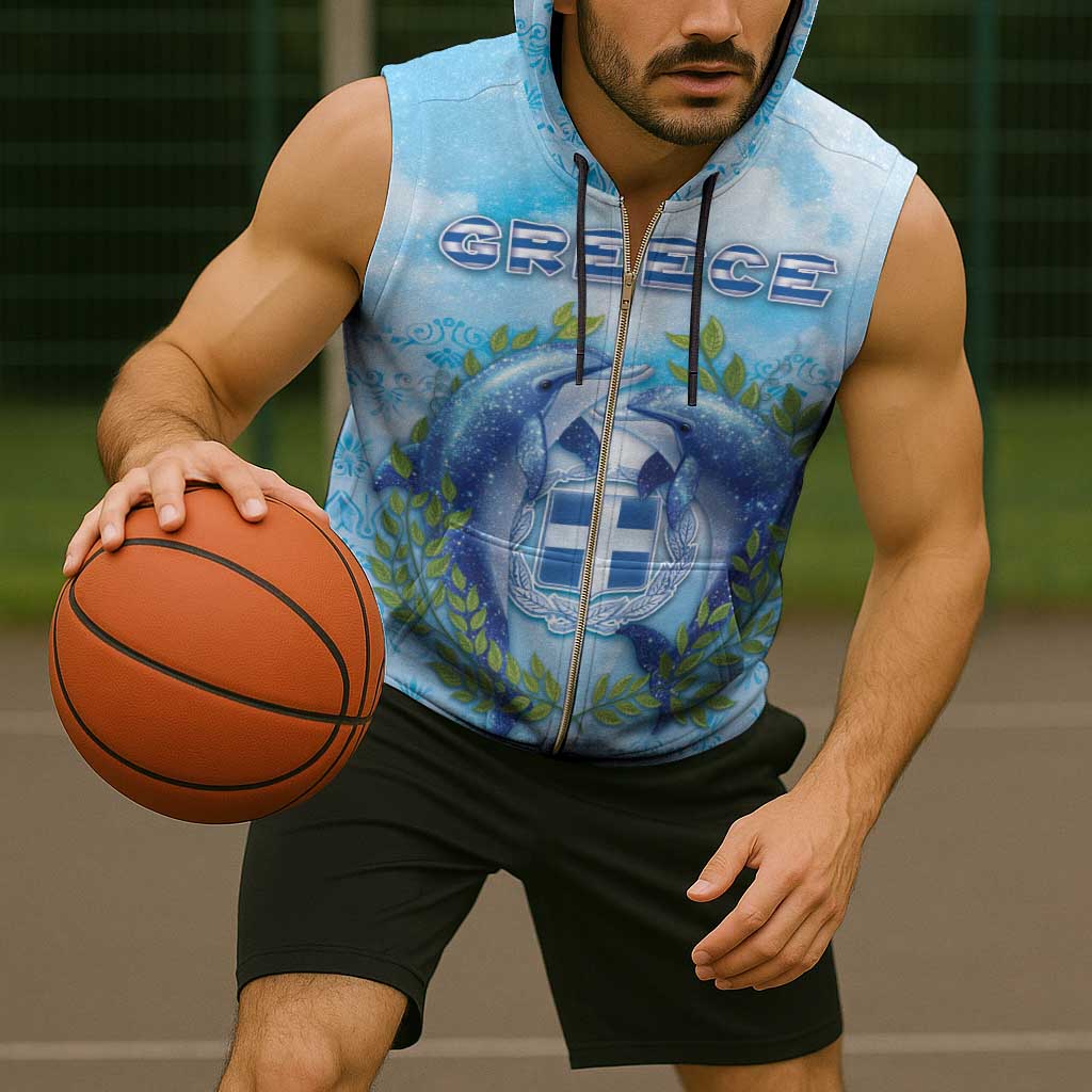 Personalized Greece Sleeveless Zip Hoodie Dolphins And Symbol - Wonder Print Shop