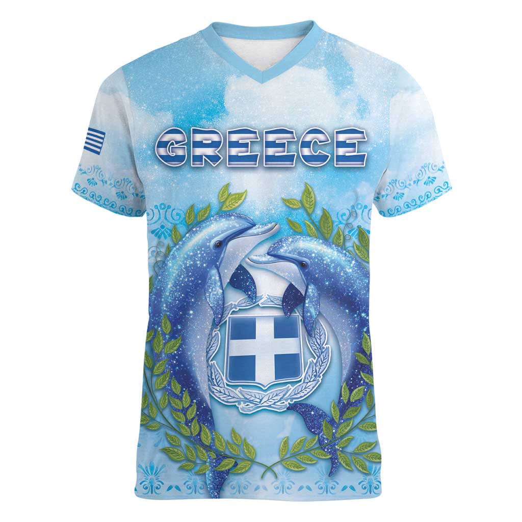 Personalized Greece Women V-Neck T-Shirt Dolphins And Symbol - Wonder Print Shop