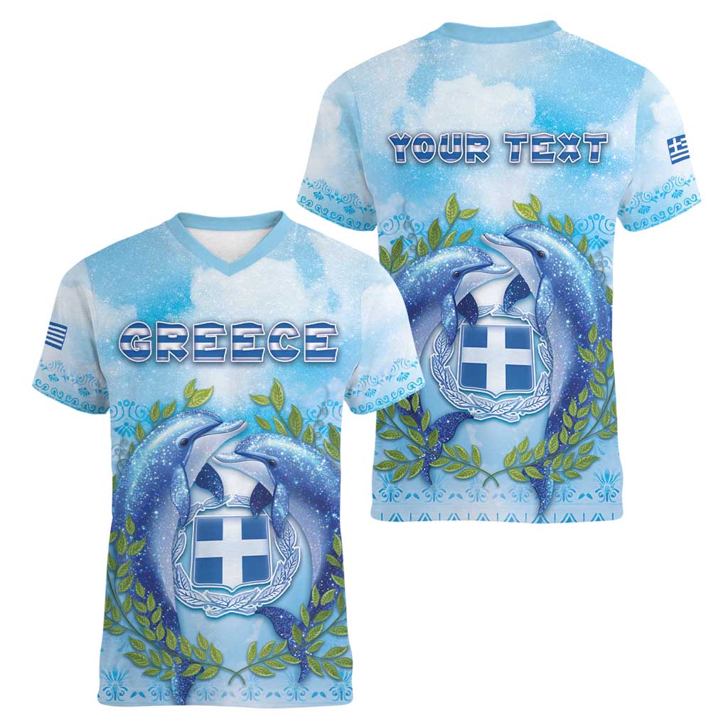 Personalized Greece Women V-Neck T-Shirt Dolphins And Symbol - Wonder Print Shop