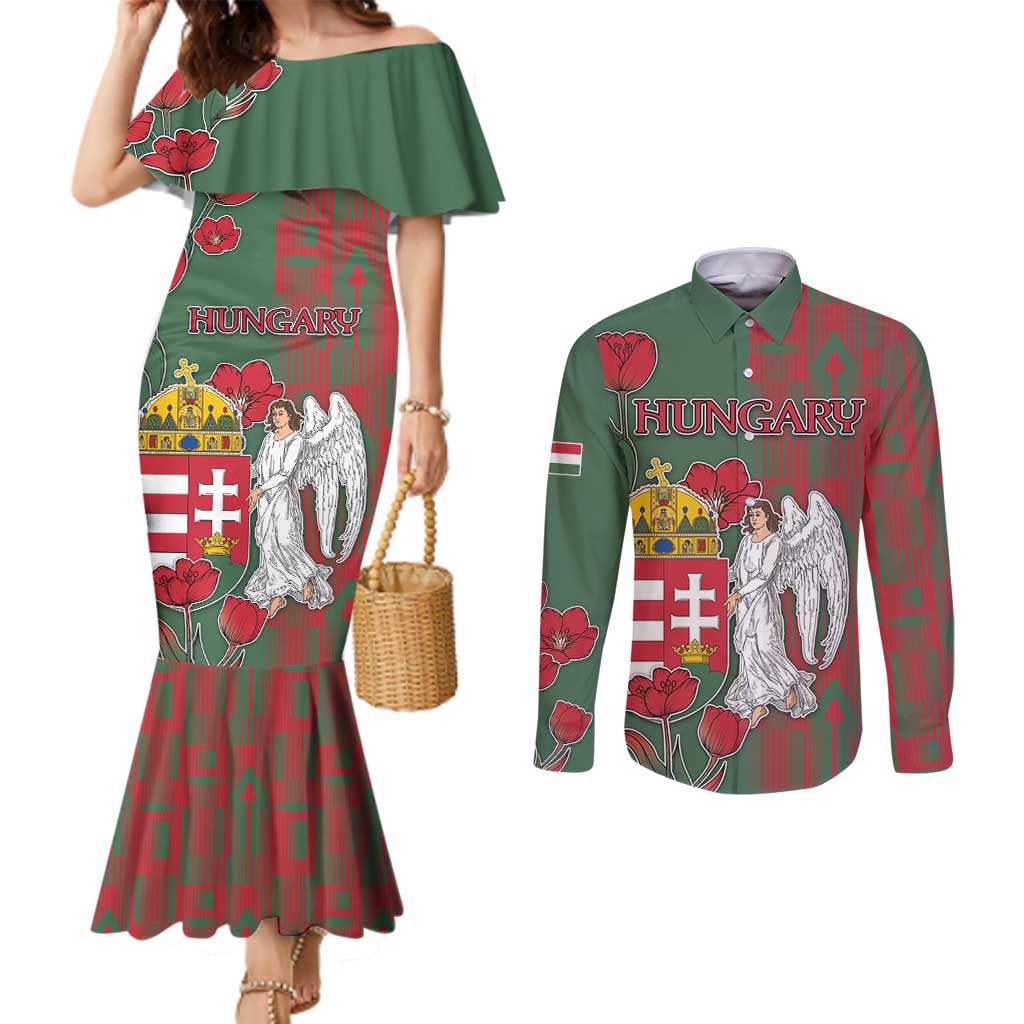 Personalized Hungary Couples Matching Mermaid Dress and Long Sleeve Button Shirt Coat Of Arms 1896 - Wonder Print Shop