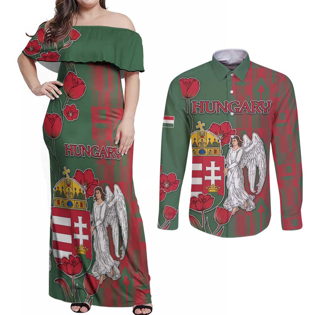 Personalized Hungary Couples Matching Off Shoulder Maxi Dress and Long Sleeve Button Shirt Coat Of Arms 1896 - Wonder Print Shop