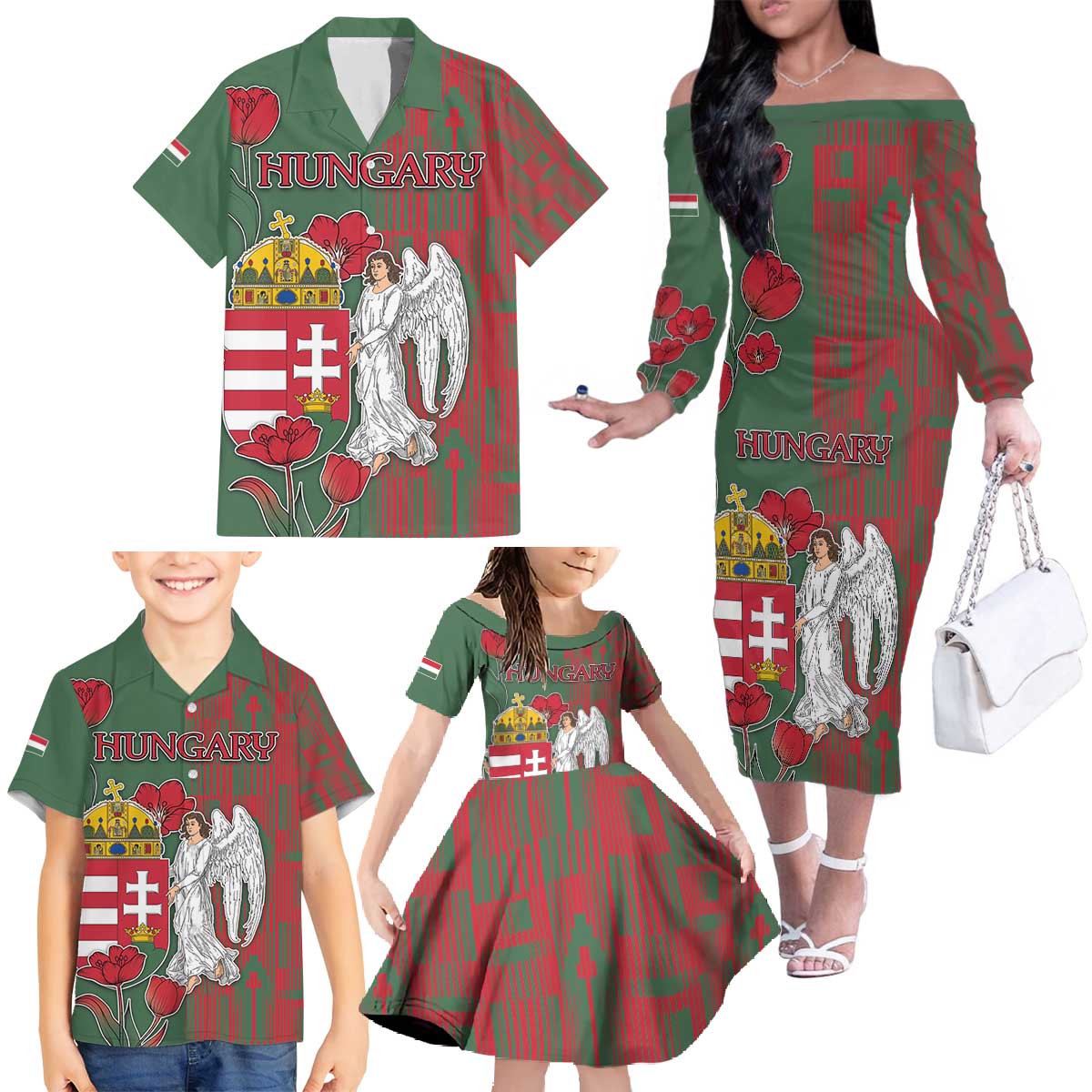 Personalized Hungary Family Matching Off The Shoulder Long Sleeve Dress and Hawaiian Shirt Coat Of Arms 1896 - Wonder Print Shop