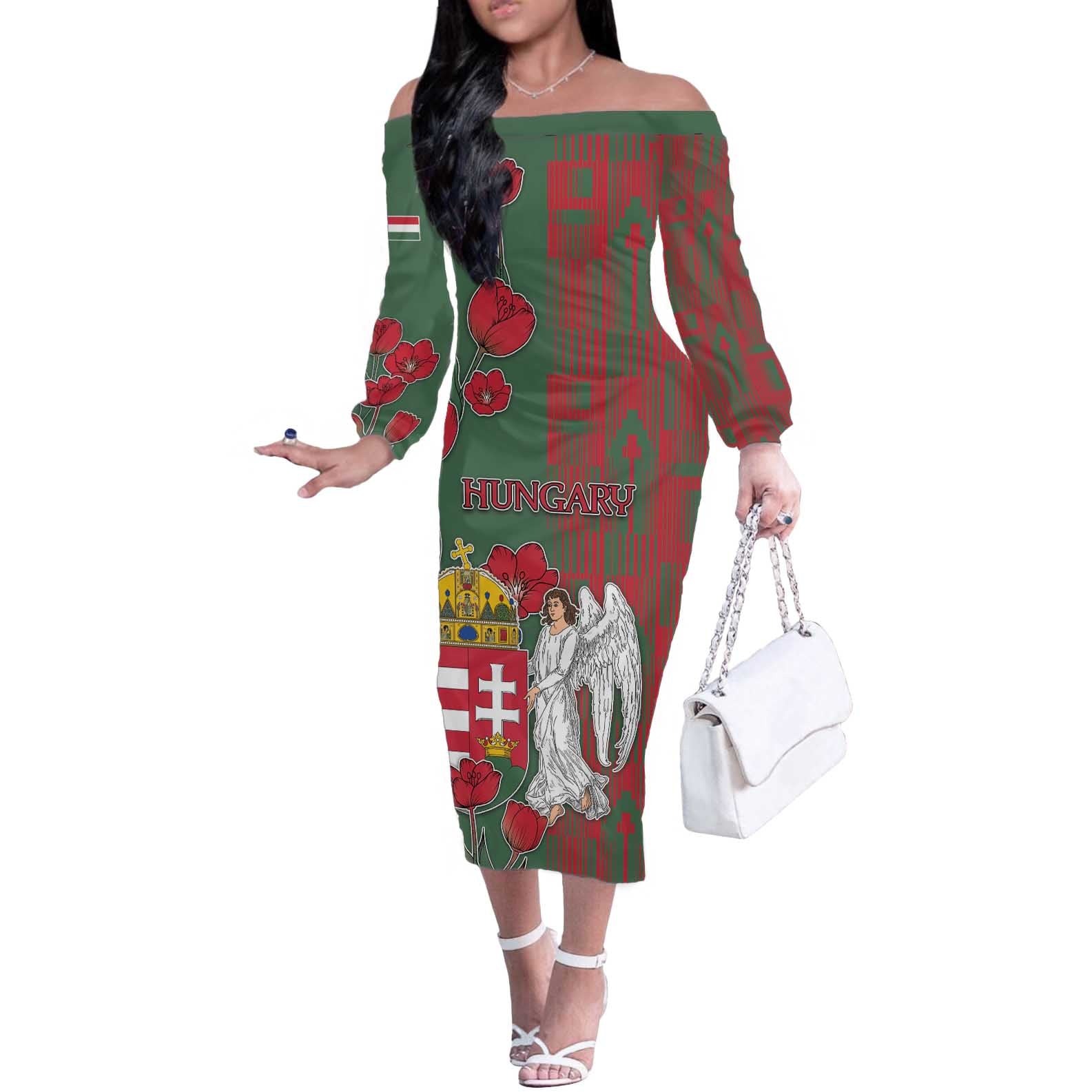 Personalized Hungary Off The Shoulder Long Sleeve Dress Coat Of Arms 1896 - Wonder Print Shop