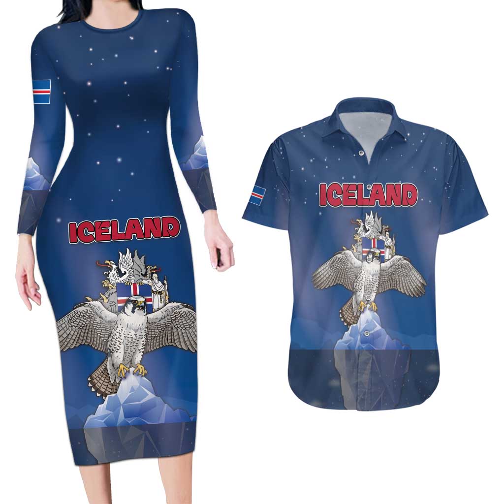 Personalized Iceland Couples Matching Long Sleeve Bodycon Dress and Hawaiian Shirt The Gyrfalcon With Symbol - Wonder Print Shop
