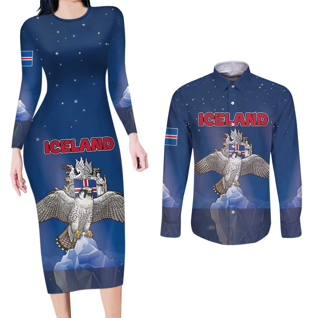 Personalized Iceland Couples Matching Long Sleeve Bodycon Dress and Long Sleeve Button Shirt The Gyrfalcon With Symbol - Wonder Print Shop