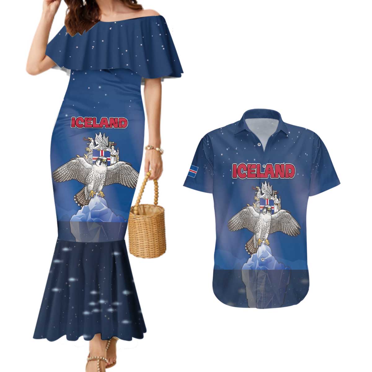 Personalized Iceland Couples Matching Mermaid Dress and Hawaiian Shirt The Gyrfalcon With Symbol - Wonder Print Shop