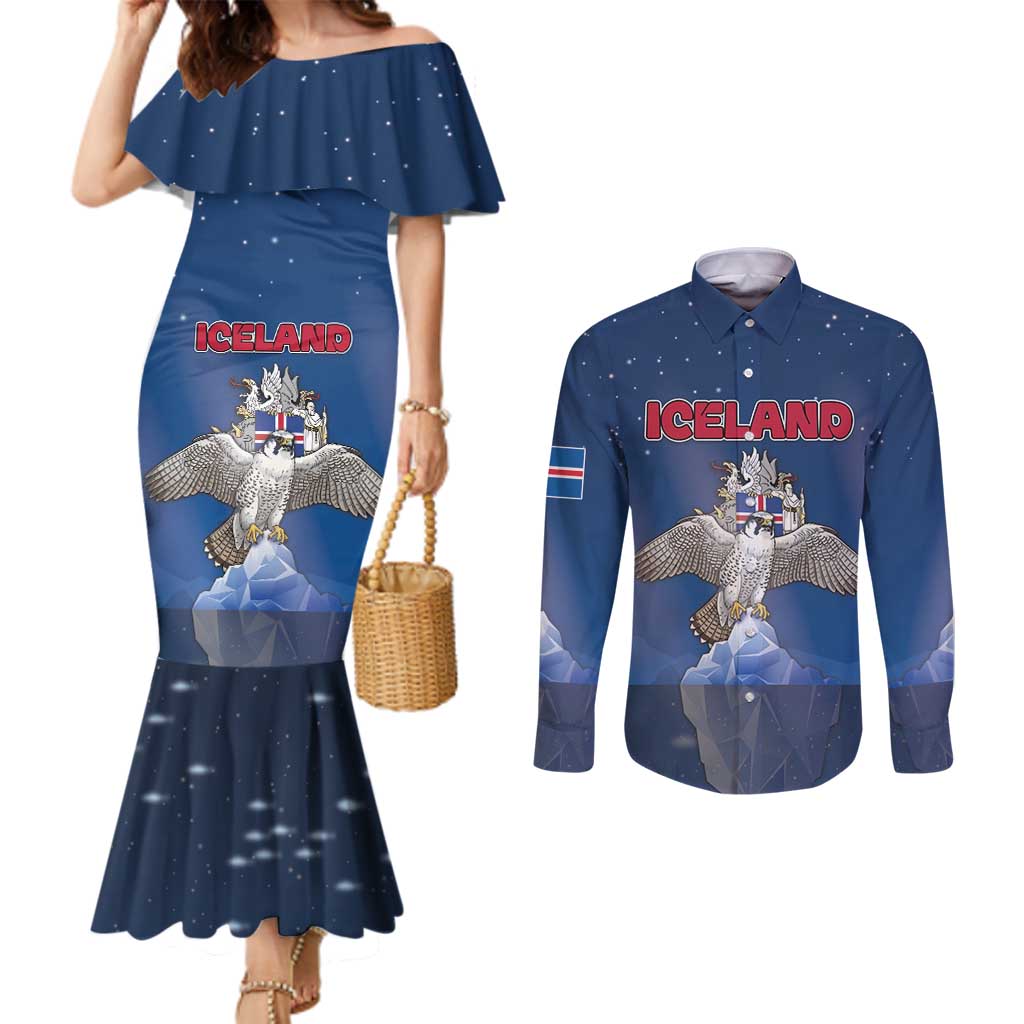 Personalized Iceland Couples Matching Mermaid Dress and Long Sleeve Button Shirt The Gyrfalcon With Symbol - Wonder Print Shop