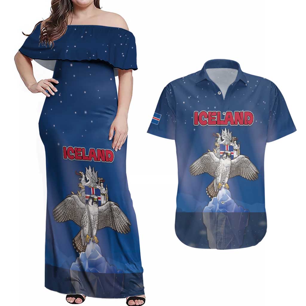Personalized Iceland Couples Matching Off Shoulder Maxi Dress and Hawaiian Shirt The Gyrfalcon With Symbol - Wonder Print Shop