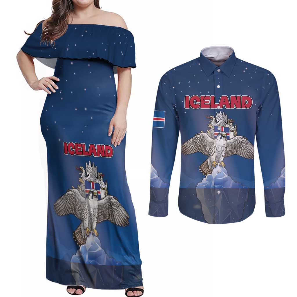 Personalized Iceland Couples Matching Off Shoulder Maxi Dress and Long Sleeve Button Shirt The Gyrfalcon With Symbol - Wonder Print Shop