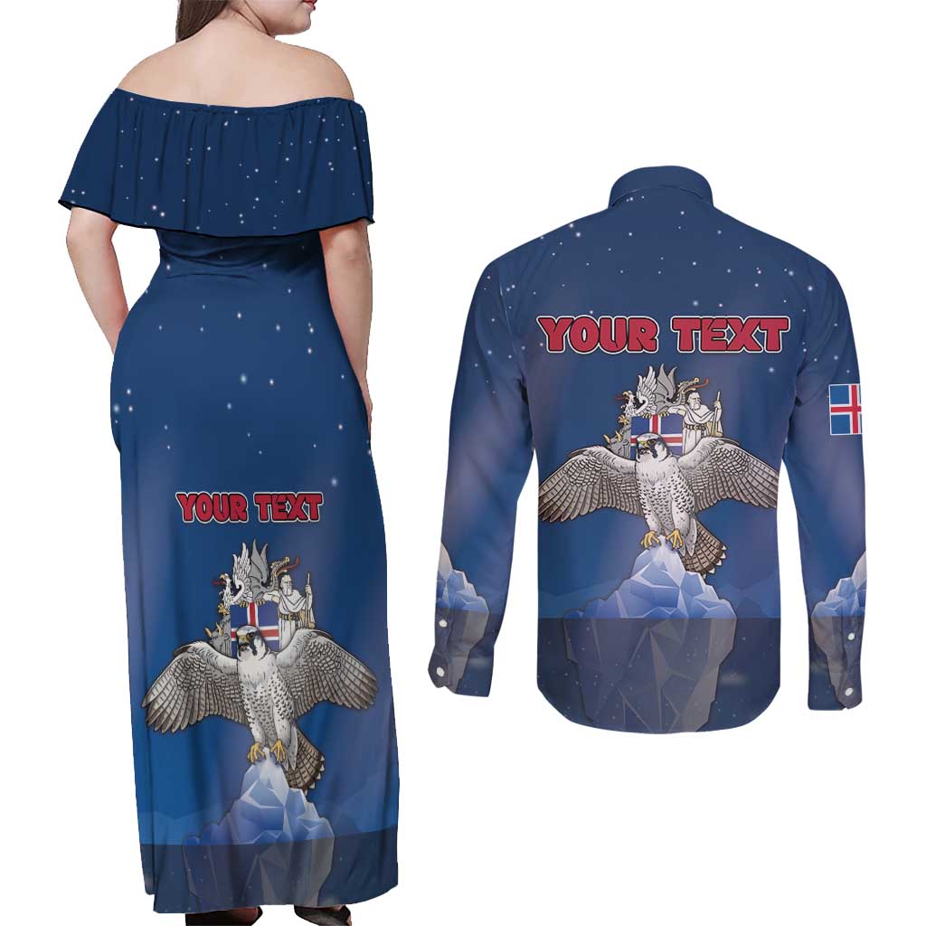 Personalized Iceland Couples Matching Off Shoulder Maxi Dress and Long Sleeve Button Shirt The Gyrfalcon With Symbol - Wonder Print Shop
