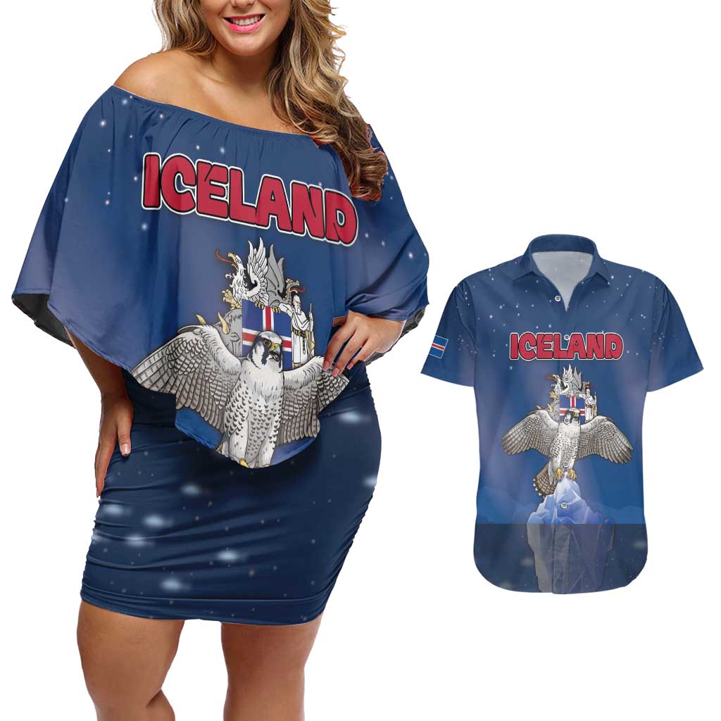 Personalized Iceland Couples Matching Off Shoulder Short Dress and Hawaiian Shirt The Gyrfalcon With Symbol - Wonder Print Shop